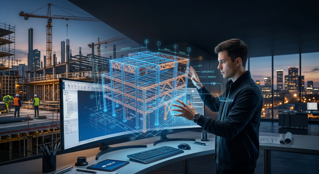 Tekla Structures Complete Beginner Guide showing beginner interface with 3D structural modeling and steel detailing tools