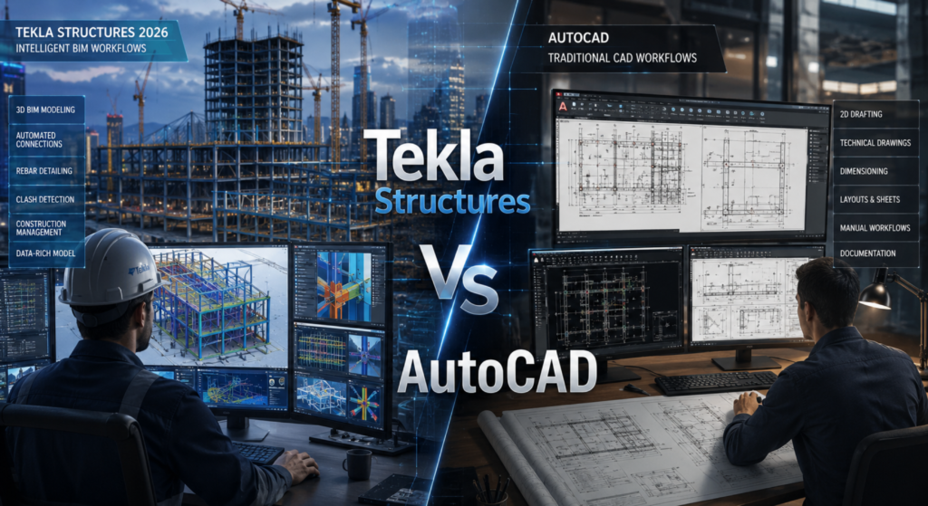 Tekla Structures Vs AutoCAD: Which Is Better For Structural Engineers? Comparison of BIM modeling, drafting, and structural detailing software.
