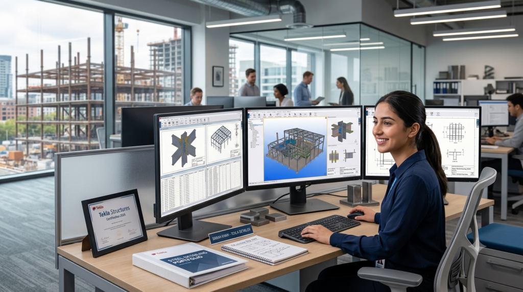 A young Tekla Detailer working on a steel structure model in Tekla Structures software, showcasing BIM workflows, structural steel detailing, and career opportunities in 2026.
